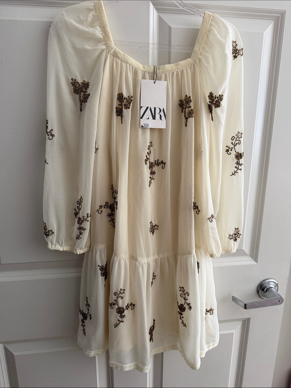 ZARA Cream Dress with Brown Floral Embroidery